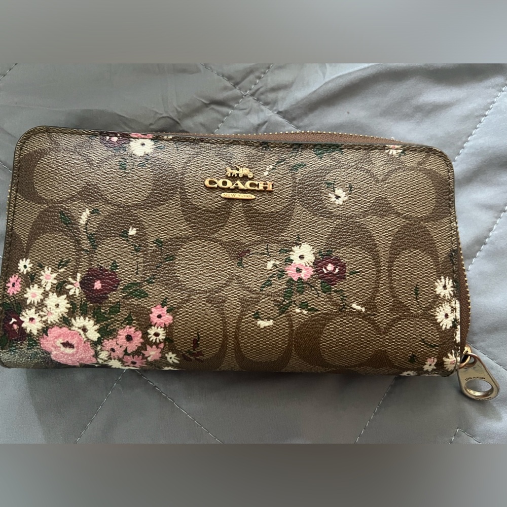 Brown and pink floral coach wallet